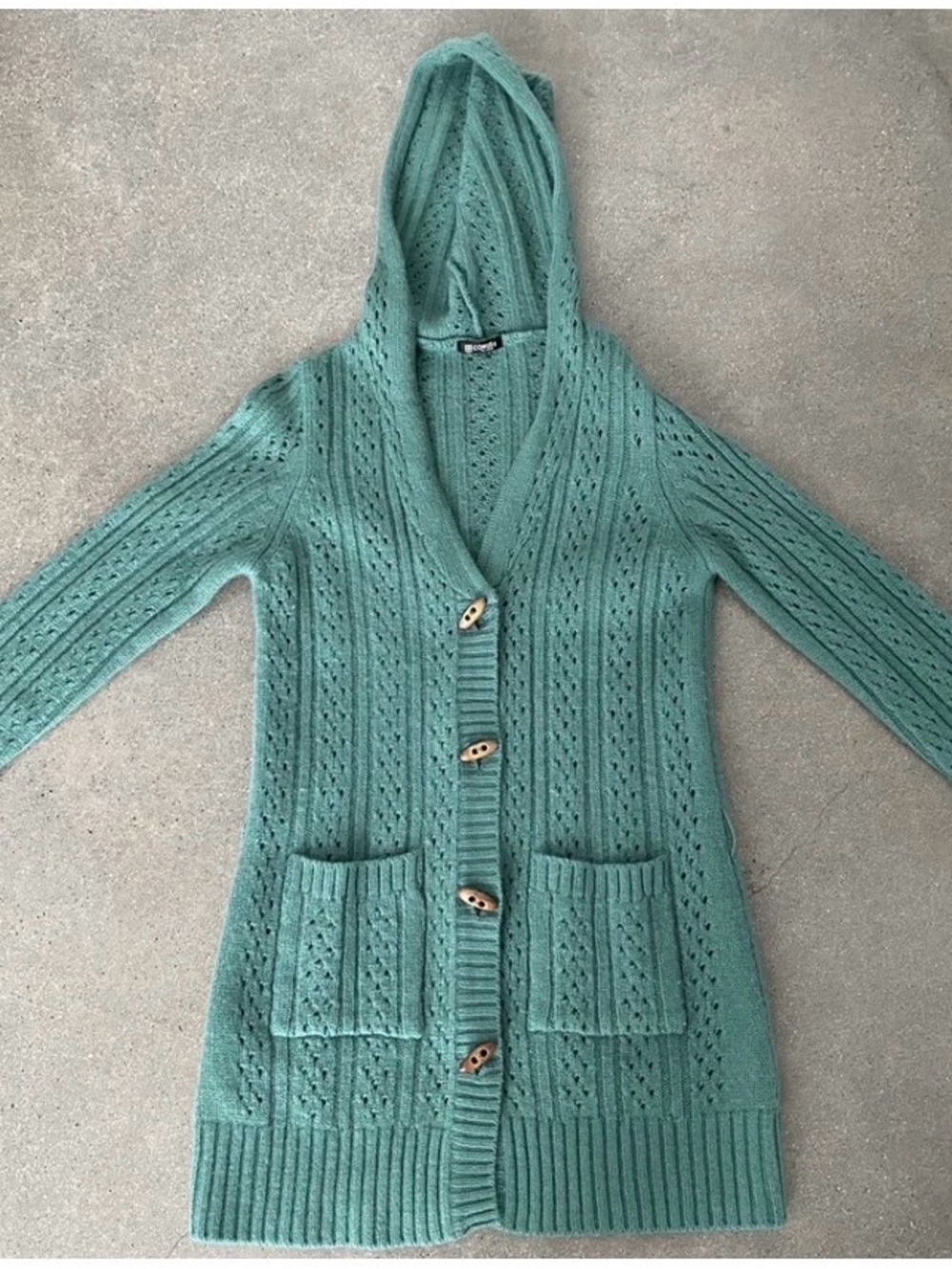 Hooded Knit Button-Front Cardigan Sweater - Teal Green
